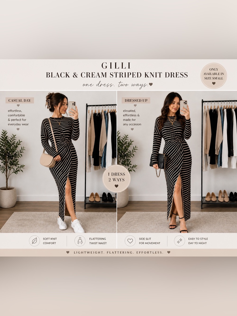 NEW Gilli Black & White Striped Long Sleeve Maxi Dress - Small
